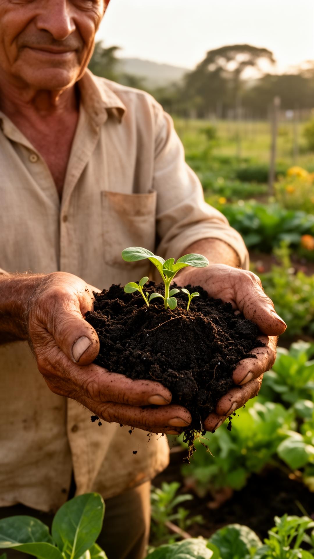 Mãos de agricultor familiar segurando solo escuro com brotos