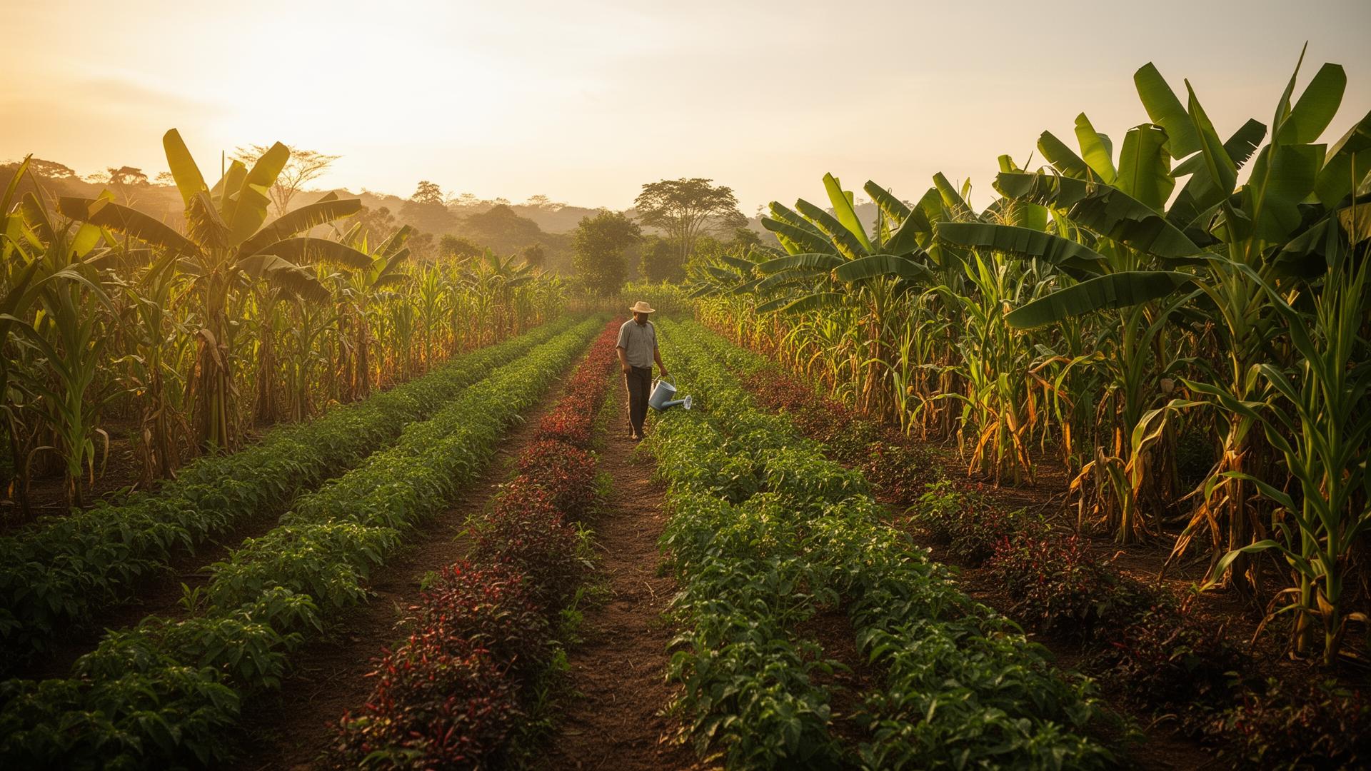 Lavoura ao entardecer com agricultor caminhando